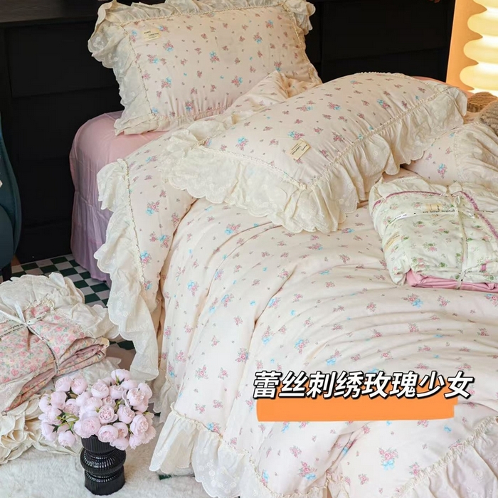 91家纺网 家纺一手货源 找家纺 紫碧螺家纺 2025新款A类全棉纯棉仙女双层纱大韩边四件套 玫瑰少女