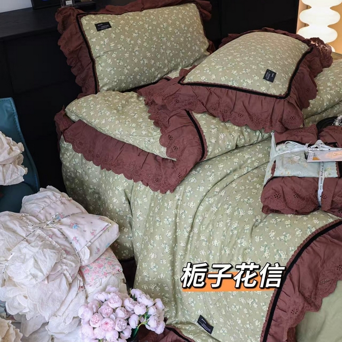 紫碧螺家纺 2025新款A类全棉纯棉仙女双层纱大韩边四件套 栀子花信