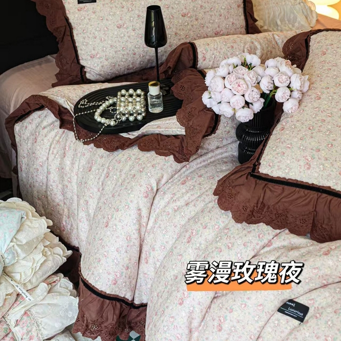 紫碧螺家纺 2025新款A类全棉纯棉仙女双层纱大韩边四件套 雾漫玫瑰夜