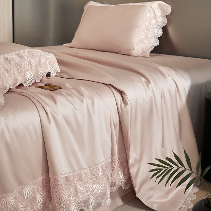 91家纺网 家纺一手货源 找家纺 淼铭家纺 2025新款法式天丝棉夏被夏凉被空调被床盖四件套-伊莲娜系列 粉色