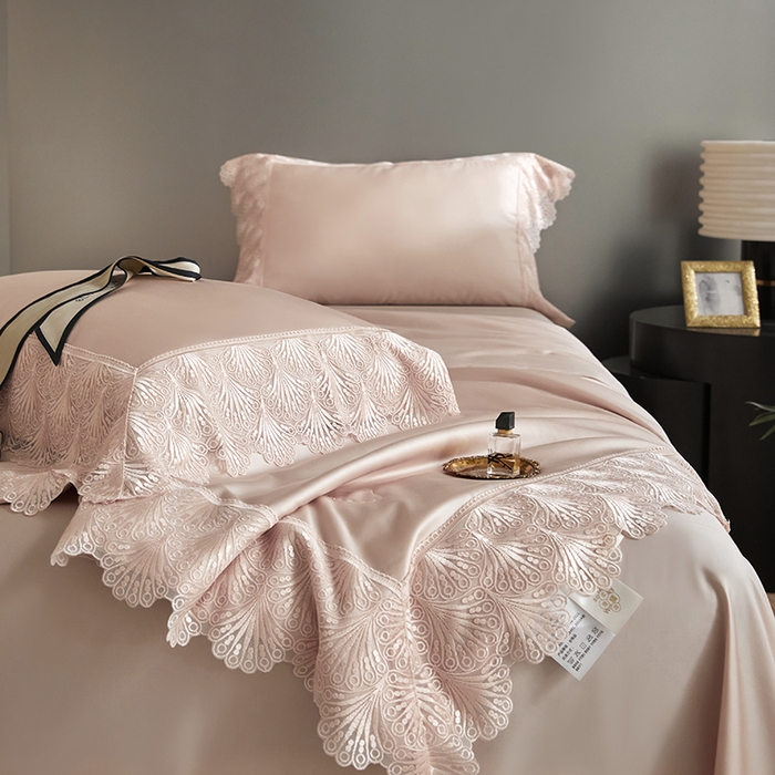 91家纺网 家纺一手货源 找家纺 淼铭家纺 2025新款法式天丝棉夏被夏凉被空调被床盖四件套-伊莲娜系列 粉色