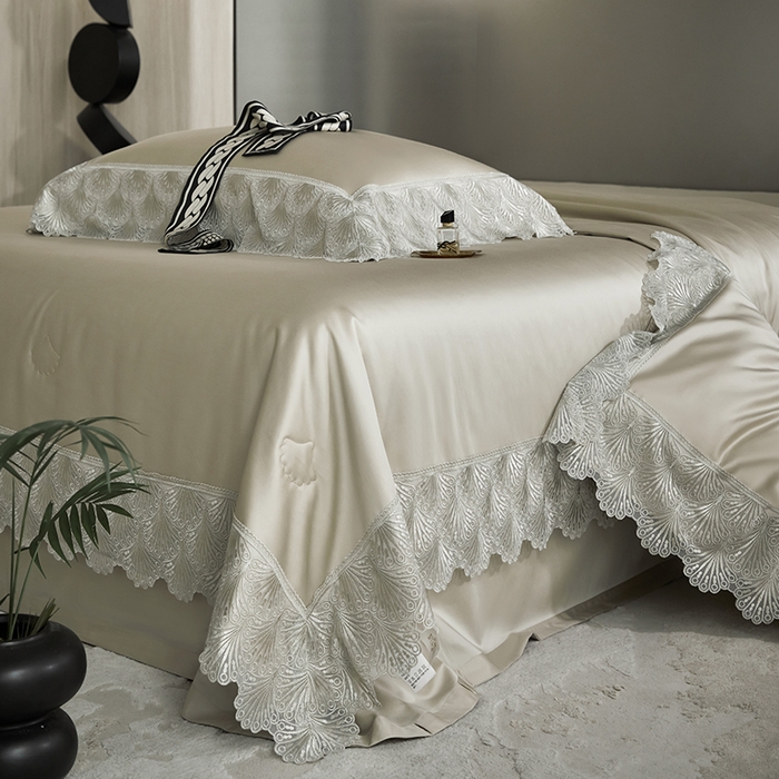 91家纺网 家纺一手货源 找家纺 淼铭家纺 2025新款法式天丝棉夏被夏凉被空调被床盖四件套-伊莲娜系列 金色