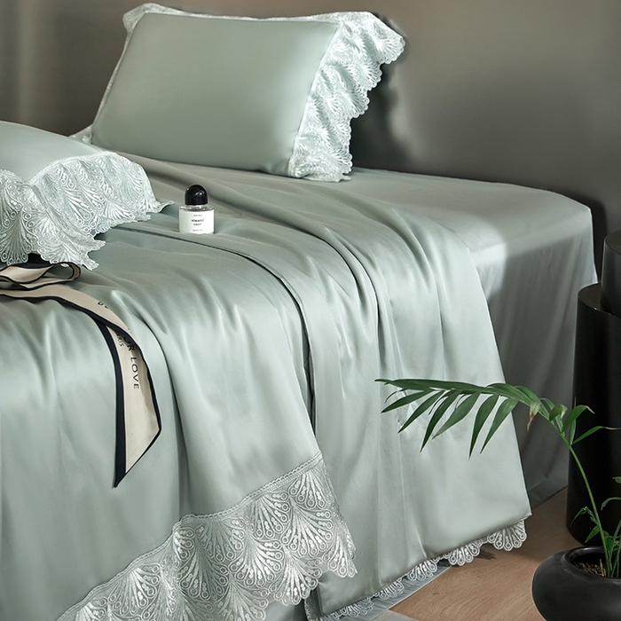 91家纺网 家纺一手货源 找家纺 淼铭家纺 2025新款法式天丝棉夏被夏凉被空调被床盖四件套-伊莲娜系列 绿色