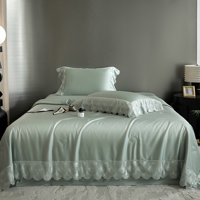 91家纺网 家纺一手货源 找家纺 淼铭家纺 2025新款法式天丝棉夏被夏凉被空调被床盖四件套-伊莲娜系列 绿色