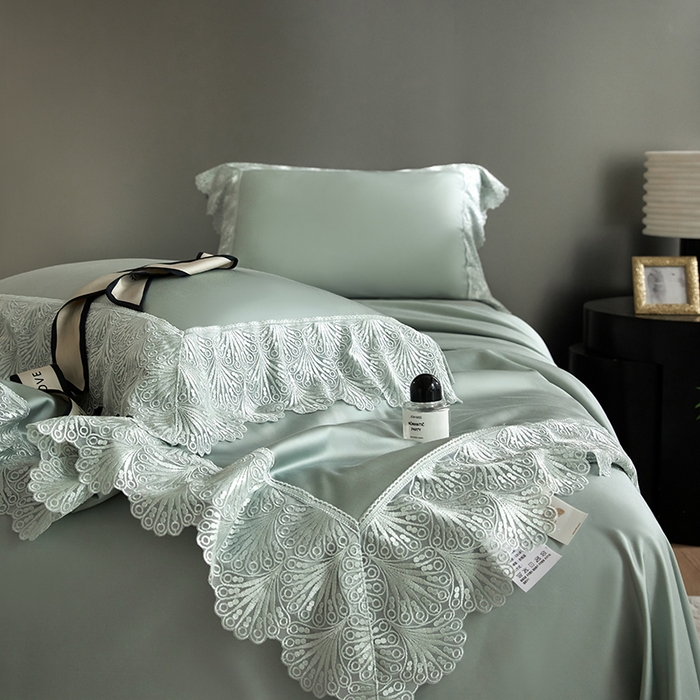 91家纺网 家纺一手货源 找家纺 淼铭家纺 2025新款法式天丝棉夏被夏凉被空调被床盖四件套-伊莲娜系列 绿色
