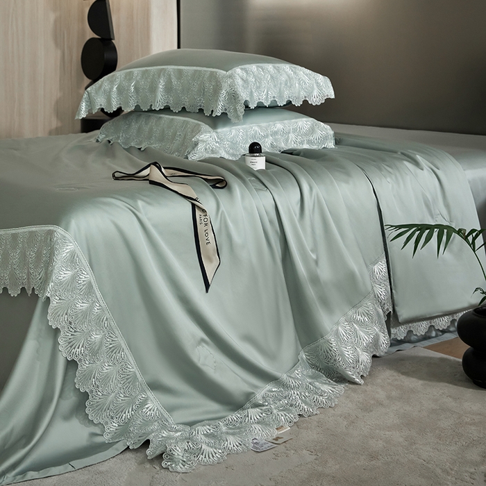 91家纺网 家纺一手货源 找家纺 淼铭家纺 2025新款法式天丝棉夏被夏凉被空调被床盖四件套-伊莲娜系列 绿色