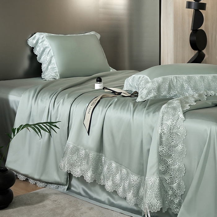 91家纺网 家纺一手货源 找家纺 淼铭家纺 2025新款法式天丝棉夏被夏凉被空调被床盖四件套-伊莲娜系列 绿色