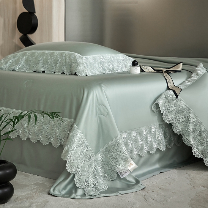 91家纺网 家纺一手货源 找家纺 淼铭家纺 2025新款法式天丝棉夏被夏凉被空调被床盖四件套-伊莲娜系列 绿色