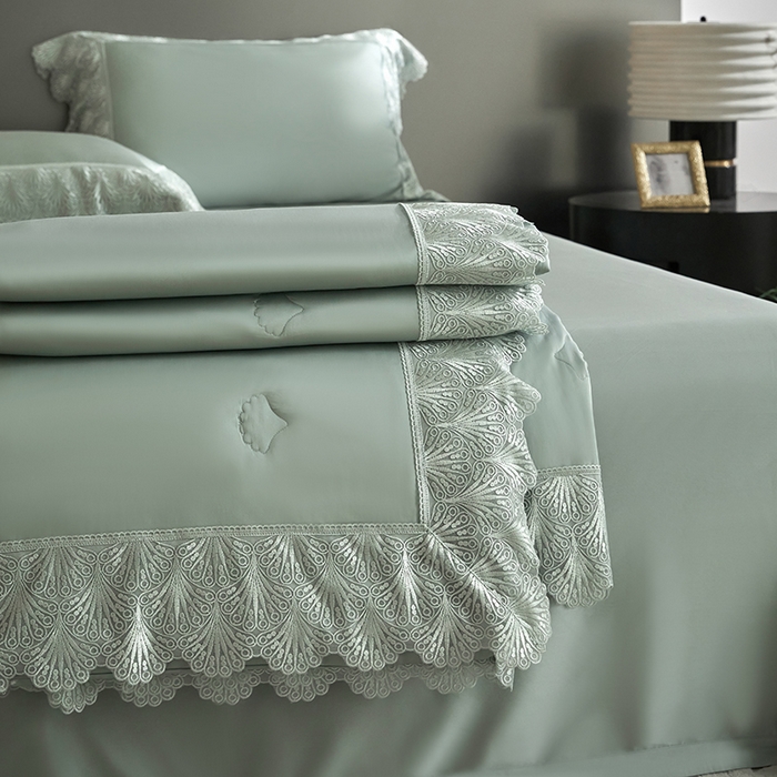 91家纺网 家纺一手货源 找家纺 淼铭家纺 2025新款法式天丝棉夏被夏凉被空调被床盖四件套-伊莲娜系列 绿色
