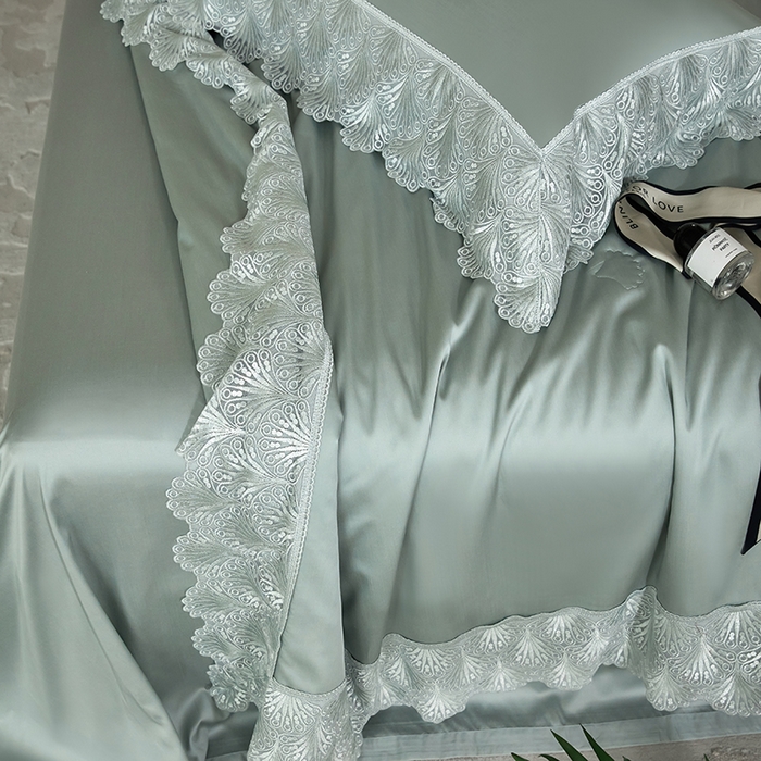 91家纺网 家纺一手货源 找家纺 淼铭家纺 2025新款法式天丝棉夏被夏凉被空调被床盖四件套-伊莲娜系列 绿色