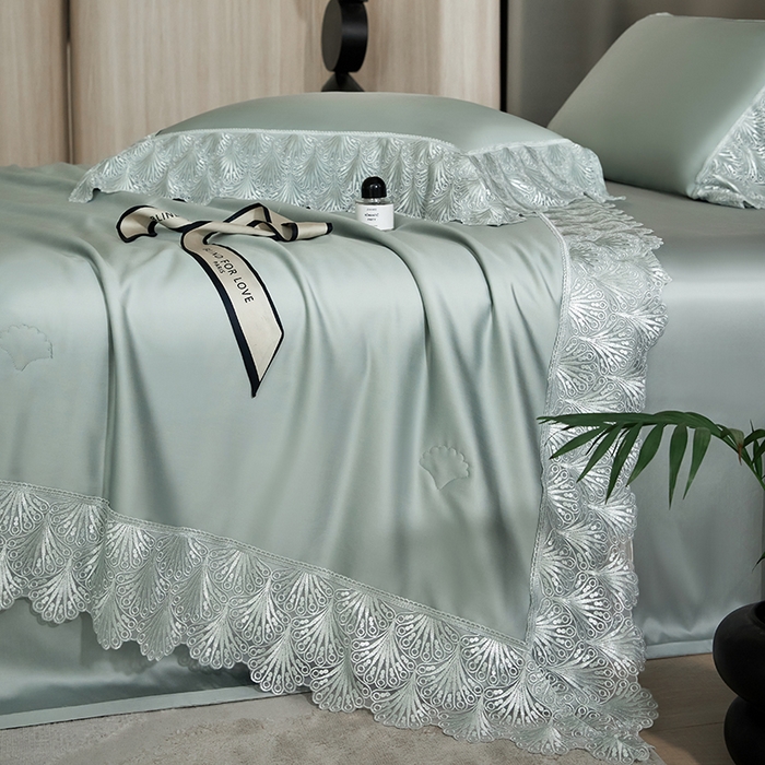 91家纺网 家纺一手货源 找家纺 淼铭家纺 2025新款法式天丝棉夏被夏凉被空调被床盖四件套-伊莲娜系列 绿色
