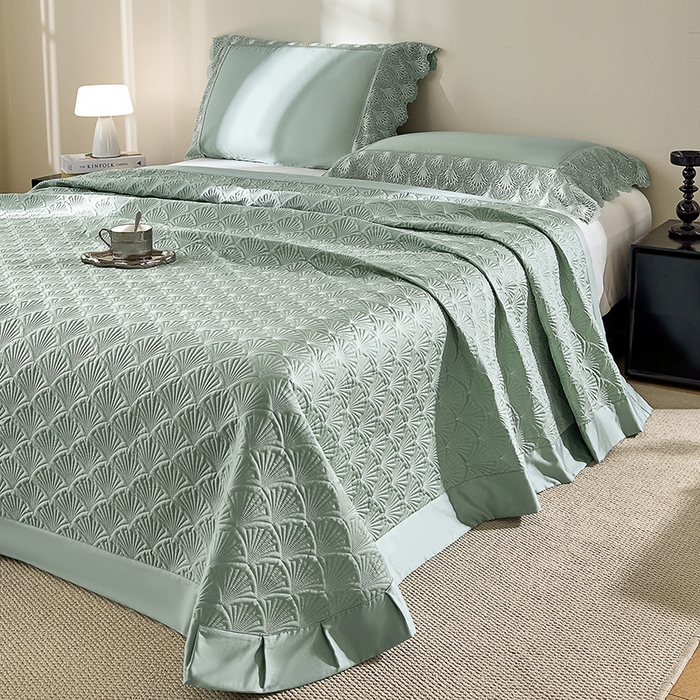 91家纺网 家纺一手货源 找家纺 淼铭家纺 2025新款法式天丝棉夏被夏凉被空调被床盖四件套-伊莲娜系列 绿色
