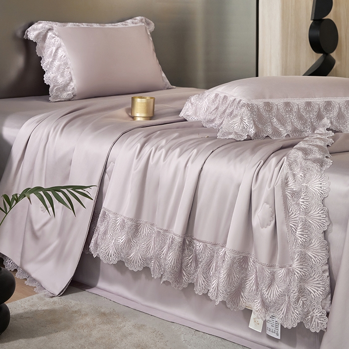 91家纺网 家纺一手货源 找家纺 淼铭家纺 2025新款法式天丝棉夏被夏凉被空调被床盖四件套-伊莲娜系列 紫色