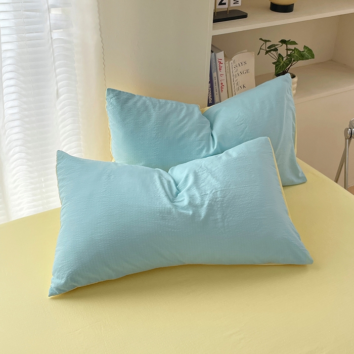 91家纺网 家纺一手货源 找家纺 彩韵家纺 2025新款超柔云感m双层纱四件套 双拼-宝石蓝+奶昔白