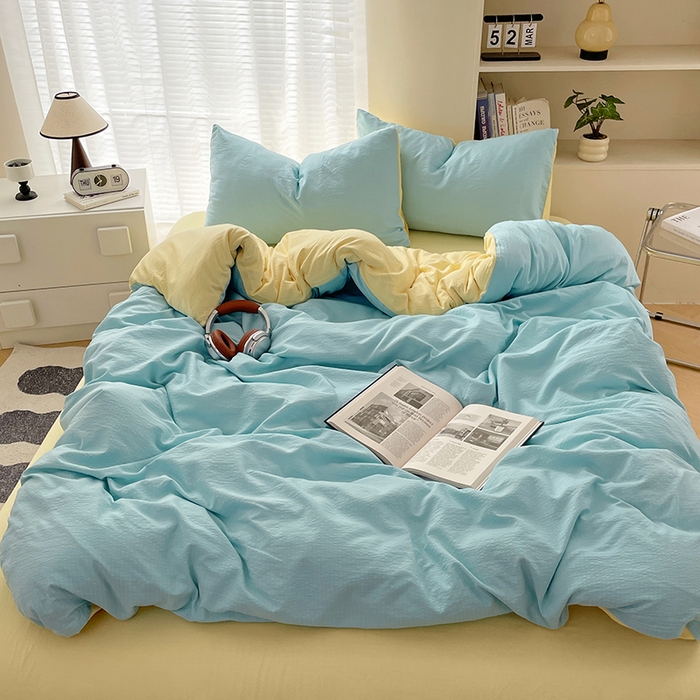 彩韵家纺 2025新款超柔云感m双层纱四件套 双拼-宝石蓝+奶昔白