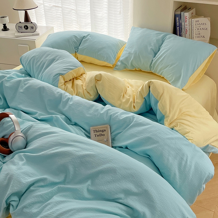 91家纺网 家纺一手货源 找家纺 彩韵家纺 2025新款超柔云感m双层纱四件套 双拼-宝石蓝+奶昔白