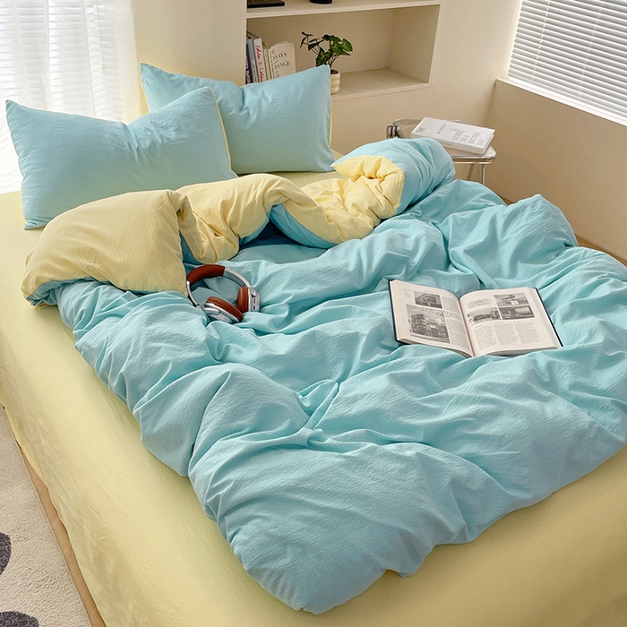 91家纺网 家纺一手货源 找家纺 彩韵家纺 2025新款超柔云感m双层纱四件套 双拼-宝石蓝+奶昔白