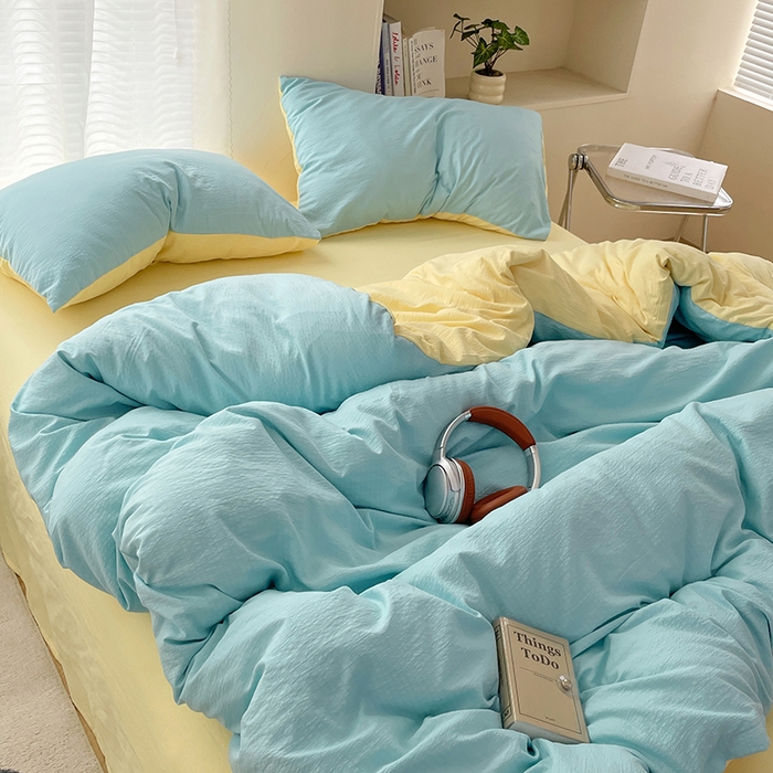 91家纺网 家纺一手货源 找家纺 彩韵家纺 2025新款超柔云感m双层纱四件套 双拼-宝石蓝+奶昔白