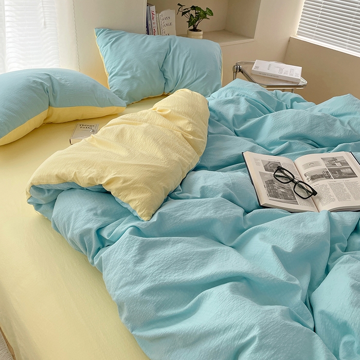 91家纺网 家纺一手货源 找家纺 彩韵家纺 2025新款超柔云感m双层纱四件套 双拼-宝石蓝+奶昔白