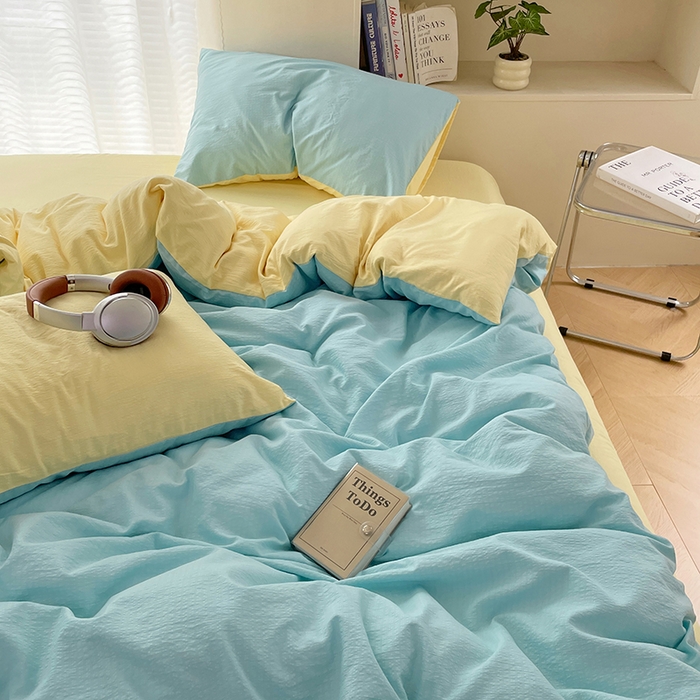 91家纺网 家纺一手货源 找家纺 彩韵家纺 2025新款超柔云感m双层纱四件套 双拼-宝石蓝+奶昔白