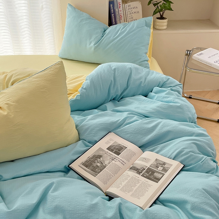 91家纺网 家纺一手货源 找家纺 彩韵家纺 2025新款超柔云感m双层纱四件套 双拼-宝石蓝+奶昔白