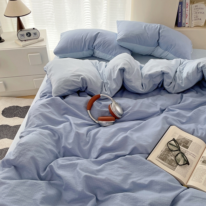 91家纺网 家纺一手货源 找家纺 彩韵家纺 2025新款超柔云感m双层纱四件套 双拼-冰雾蓝+冰川灰