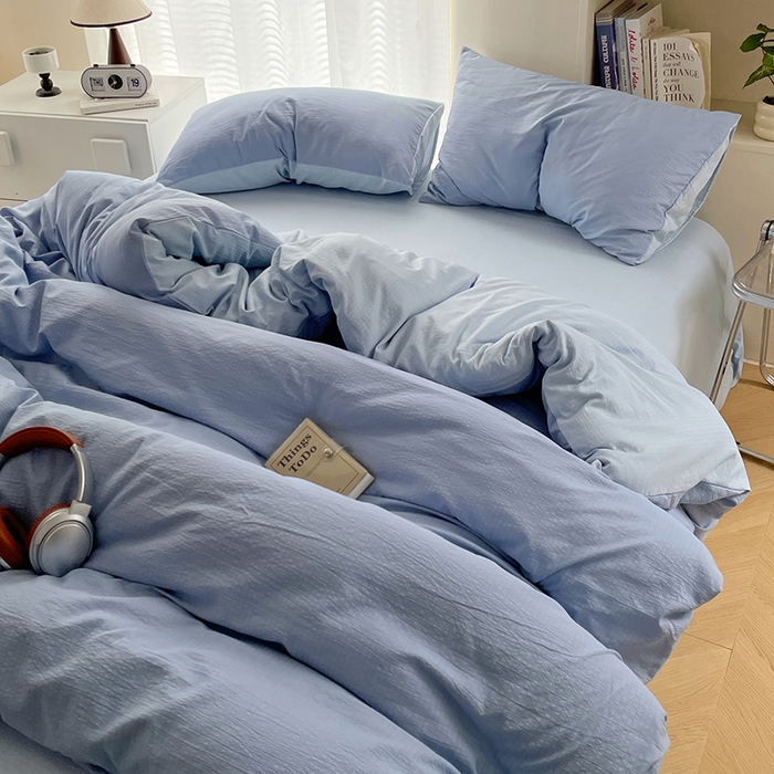 91家纺网 家纺一手货源 找家纺 彩韵家纺 2025新款超柔云感m双层纱四件套 双拼-冰雾蓝+冰川灰