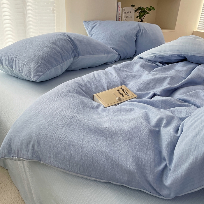 91家纺网 家纺一手货源 找家纺 彩韵家纺 2025新款超柔云感m双层纱四件套 双拼-冰雾蓝+冰川灰