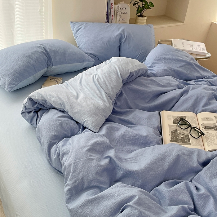 91家纺网 家纺一手货源 找家纺 彩韵家纺 2025新款超柔云感m双层纱四件套 双拼-冰雾蓝+冰川灰