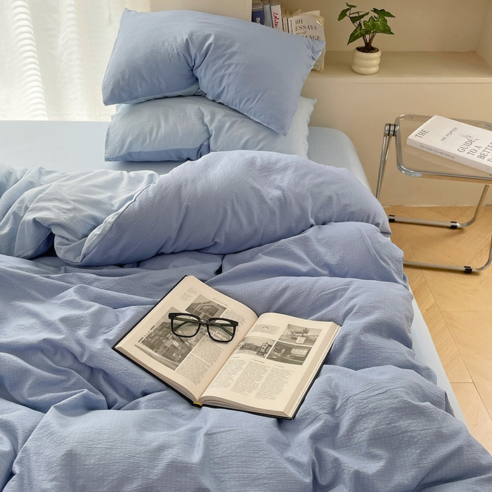 91家纺网 家纺一手货源 找家纺 彩韵家纺 2025新款超柔云感m双层纱四件套 双拼-冰雾蓝+冰川灰