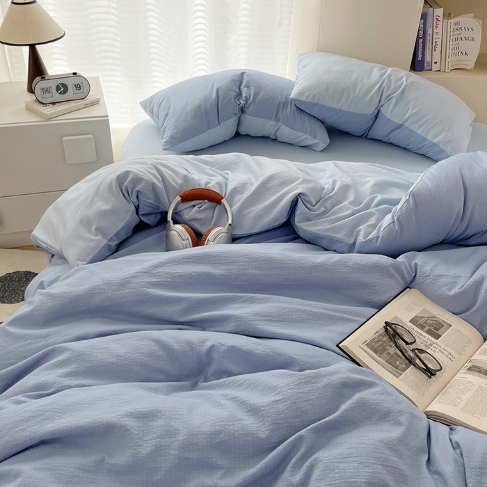 91家纺网 家纺一手货源 找家纺 彩韵家纺 2025新款超柔云感m双层纱四件套 双拼-冰雾蓝+冰川灰