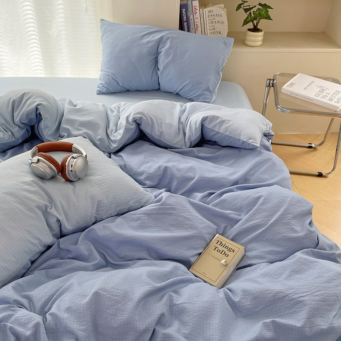 91家纺网 家纺一手货源 找家纺 彩韵家纺 2025新款超柔云感m双层纱四件套 双拼-冰雾蓝+冰川灰