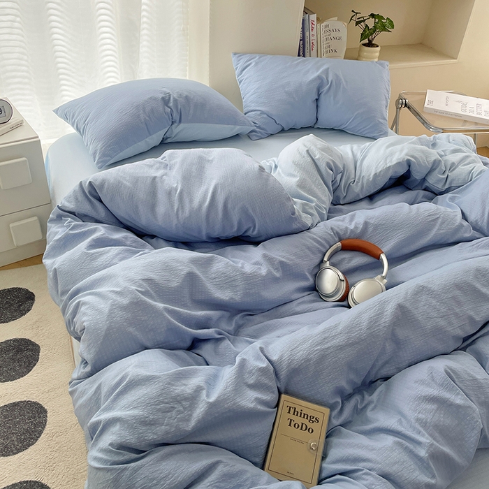 91家纺网 家纺一手货源 找家纺 彩韵家纺 2025新款超柔云感m双层纱四件套 双拼-冰雾蓝+冰川灰