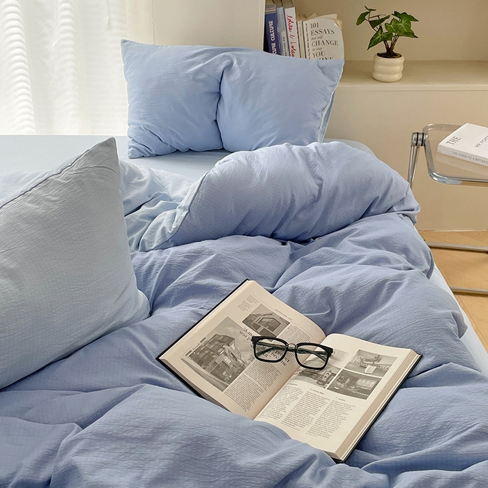 91家纺网 家纺一手货源 找家纺 彩韵家纺 2025新款超柔云感m双层纱四件套 双拼-冰雾蓝+冰川灰