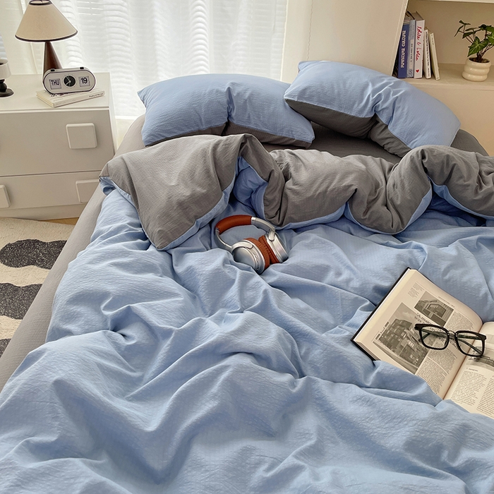 91家纺网 家纺一手货源 找家纺 彩韵家纺 2025新款超柔云感m双层纱四件套 双拼-冰雾蓝+烟雾灰