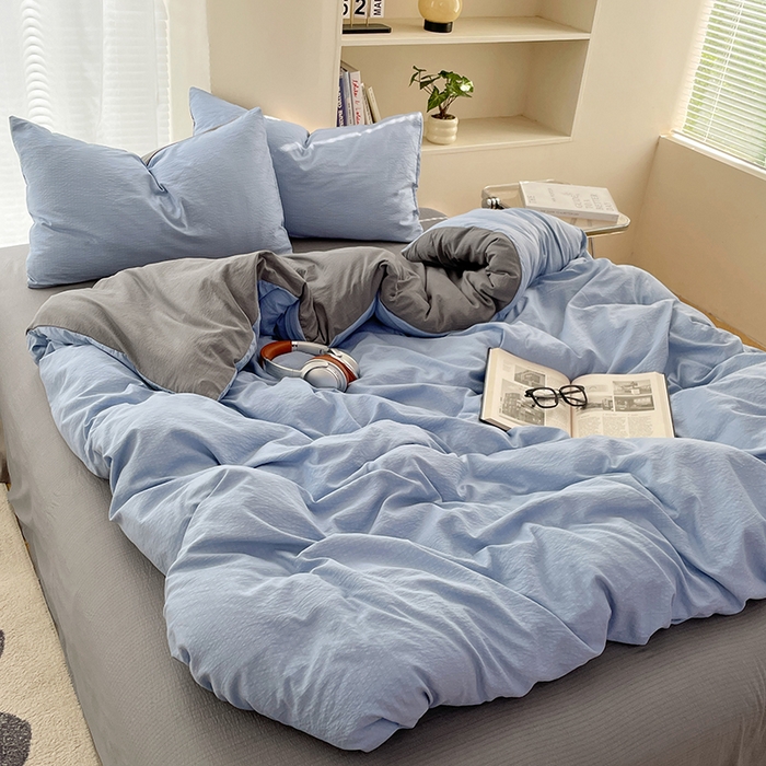 91家纺网 家纺一手货源 找家纺 彩韵家纺 2025新款超柔云感m双层纱四件套 双拼-冰雾蓝+烟雾灰