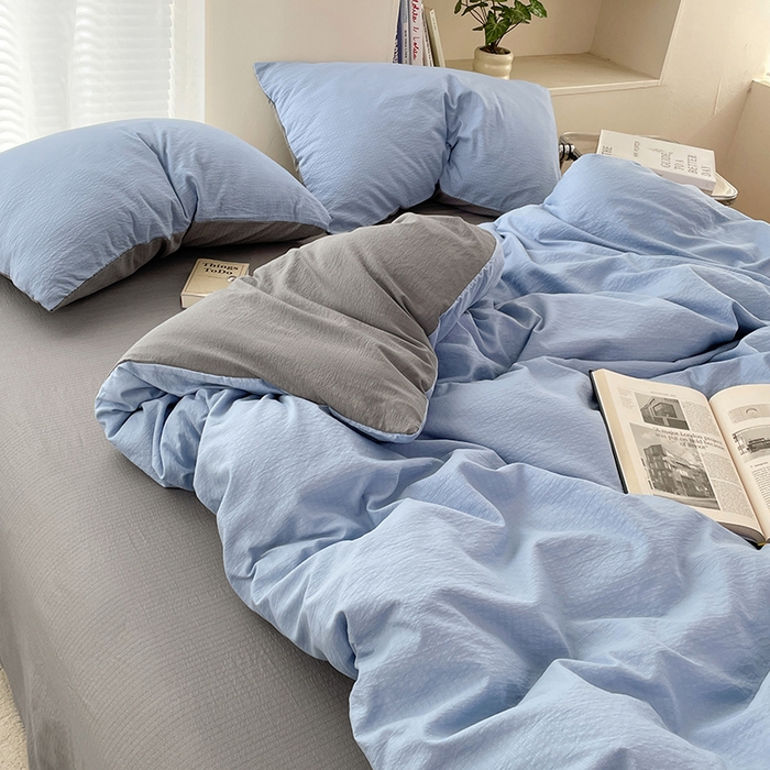 91家纺网 家纺一手货源 找家纺 彩韵家纺 2025新款超柔云感m双层纱四件套 双拼-冰雾蓝+烟雾灰