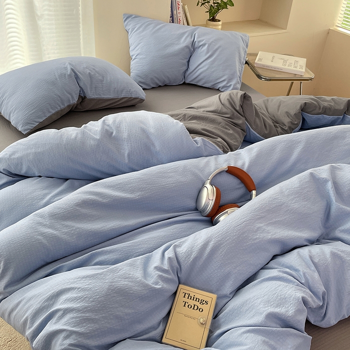 91家纺网 家纺一手货源 找家纺 彩韵家纺 2025新款超柔云感m双层纱四件套 双拼-冰雾蓝+烟雾灰