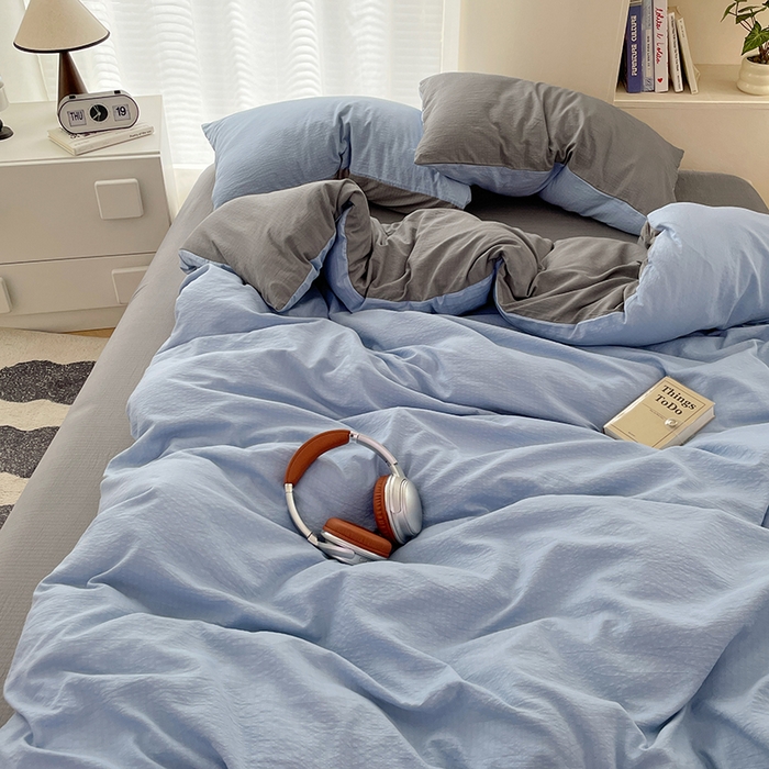 91家纺网 家纺一手货源 找家纺 彩韵家纺 2025新款超柔云感m双层纱四件套 双拼-冰雾蓝+烟雾灰