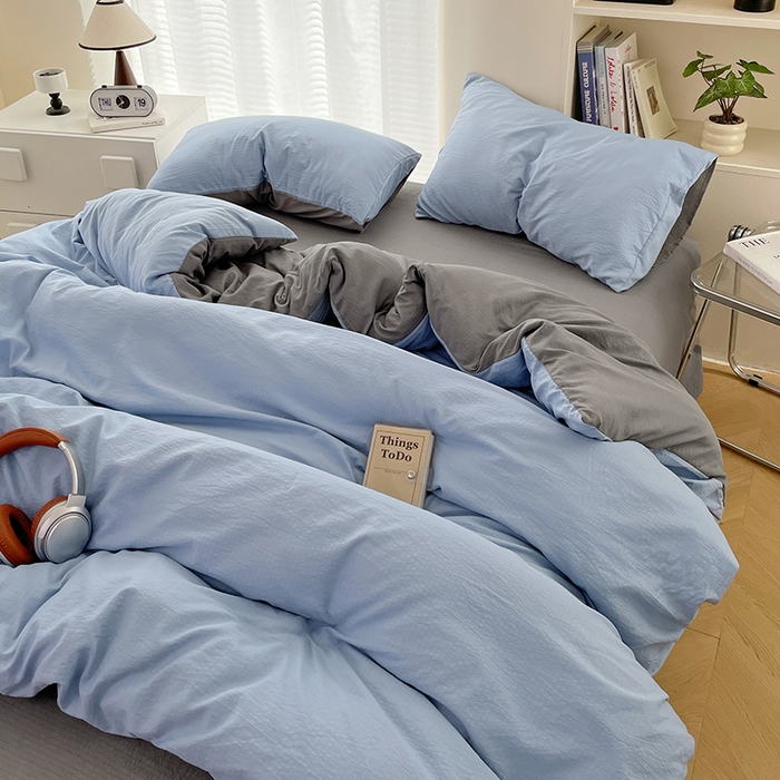 91家纺网 家纺一手货源 找家纺 彩韵家纺 2025新款超柔云感m双层纱四件套 双拼-冰雾蓝+烟雾灰