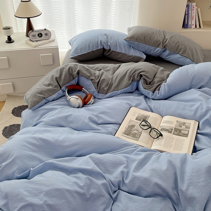 91家纺网 家纺一手货源 找家纺 彩韵家纺 2025新款超柔云感m双层纱四件套 双拼-冰雾蓝+烟雾灰