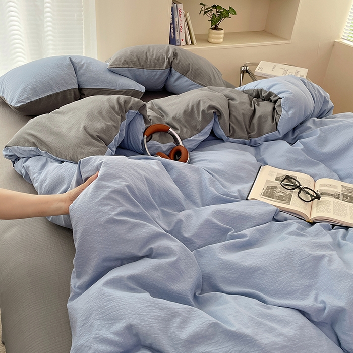 91家纺网 家纺一手货源 找家纺 彩韵家纺 2025新款超柔云感m双层纱四件套 双拼-冰雾蓝+烟雾灰