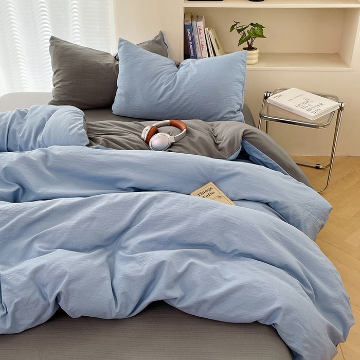 91家纺网 家纺一手货源 找家纺 彩韵家纺 2025新款超柔云感m双层纱四件套 双拼-冰雾蓝+烟雾灰