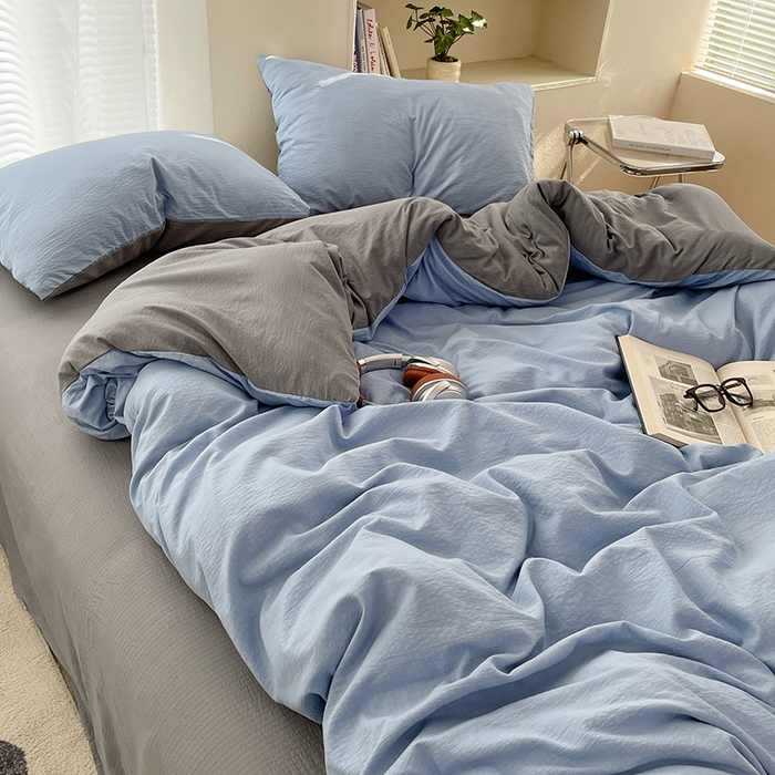 91家纺网 家纺一手货源 找家纺 彩韵家纺 2025新款超柔云感m双层纱四件套 双拼-冰雾蓝+烟雾灰