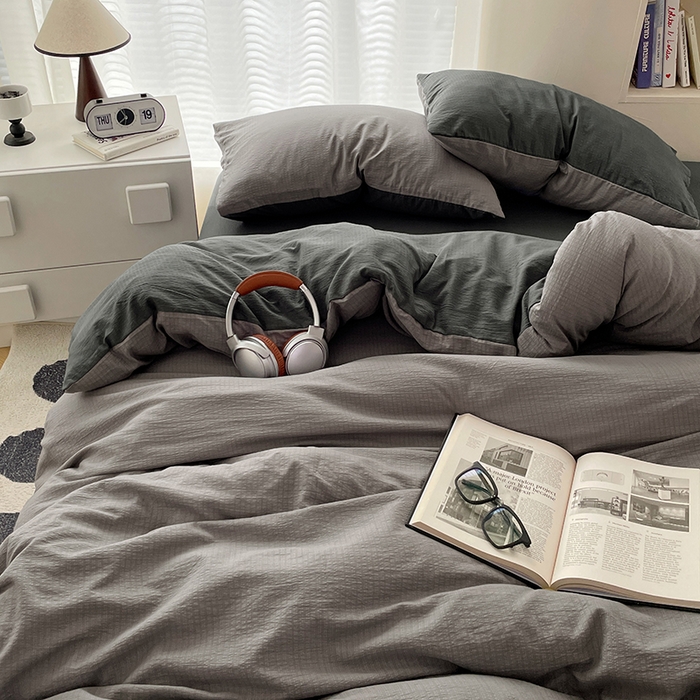 91家纺网 家纺一手货源 找家纺 彩韵家纺 2025新款超柔云感m双层纱四件套 双拼-典雅灰+情调黑