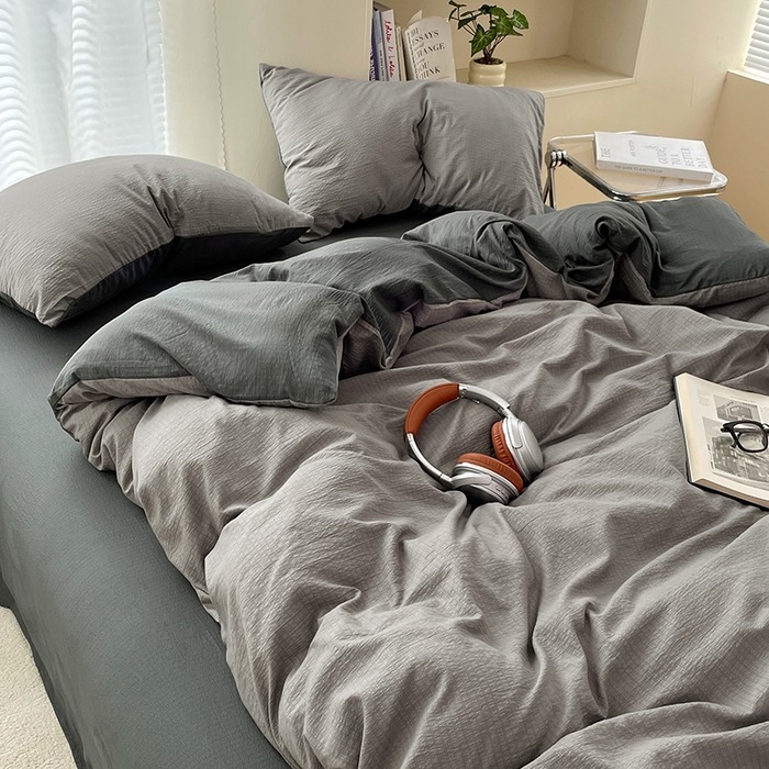 91家纺网 家纺一手货源 找家纺 彩韵家纺 2025新款超柔云感m双层纱四件套 双拼-典雅灰+情调黑