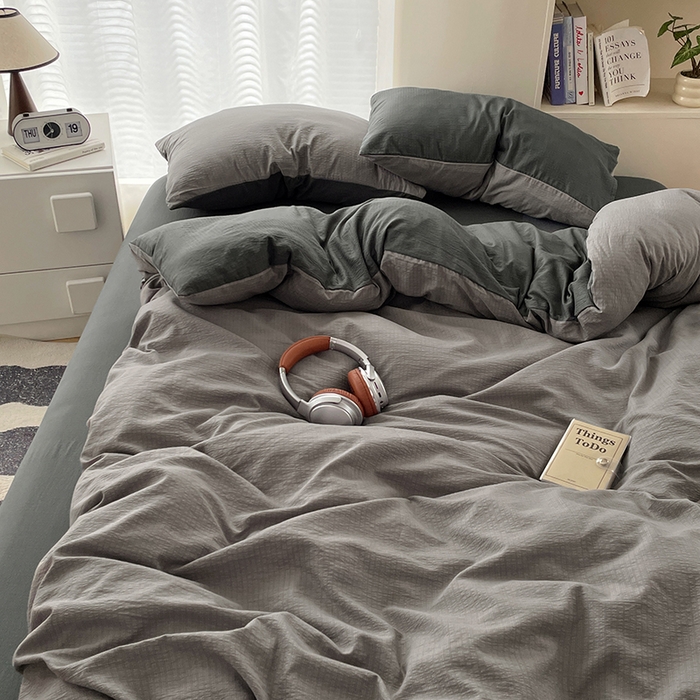 91家纺网 家纺一手货源 找家纺 彩韵家纺 2025新款超柔云感m双层纱四件套 双拼-典雅灰+情调黑