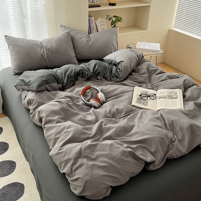 91家纺网 家纺一手货源 找家纺 彩韵家纺 2025新款超柔云感m双层纱四件套 双拼-典雅灰+情调黑