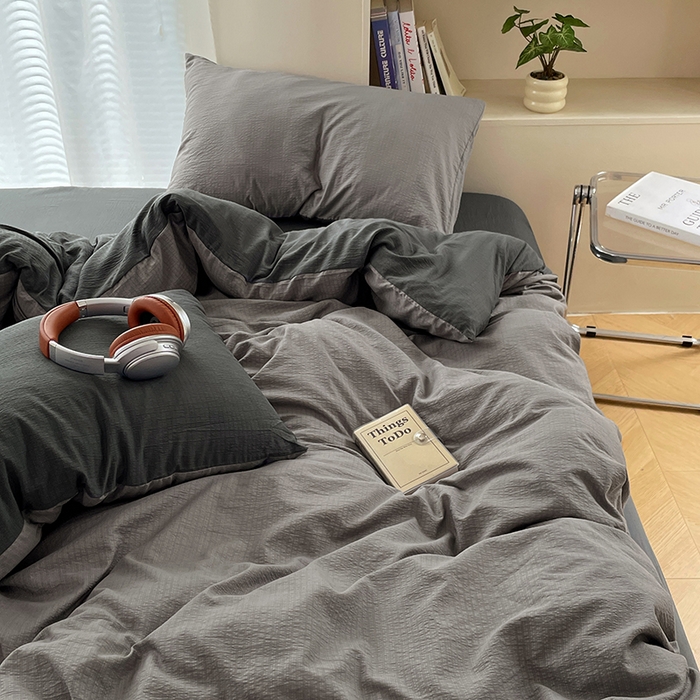 91家纺网 家纺一手货源 找家纺 彩韵家纺 2025新款超柔云感m双层纱四件套 双拼-典雅灰+情调黑