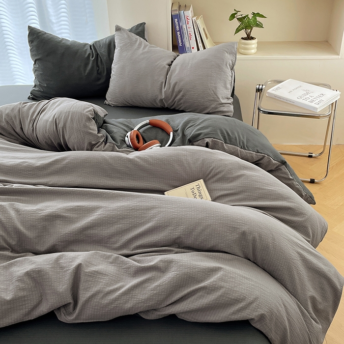 91家纺网 家纺一手货源 找家纺 彩韵家纺 2025新款超柔云感m双层纱四件套 双拼-典雅灰+情调黑